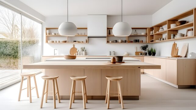 Modern scandinavian, minimalist interior design of kitchen with island, dining table and wooden stool.