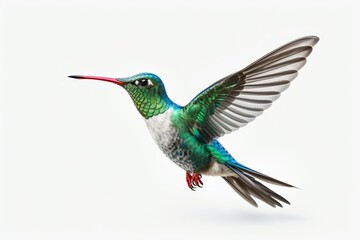 Fototapeta premium Broad Billed Hummingbird on a pure white background. Using different backgrounds the bird becomes more interesting and can easily be isolated for a project. These birds are native to M : Generative AI