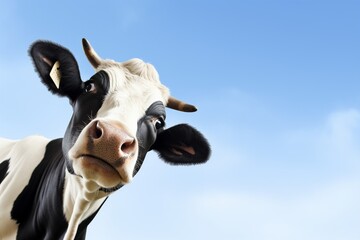 cow isolated on white, black and white gentle surprised look, pink nose, in front of a blue sky. : Generative AI - obrazy, fototapety, plakaty