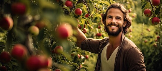 Young man gathering apples in a fruit orchard photographed outside - obrazy, fototapety, plakaty