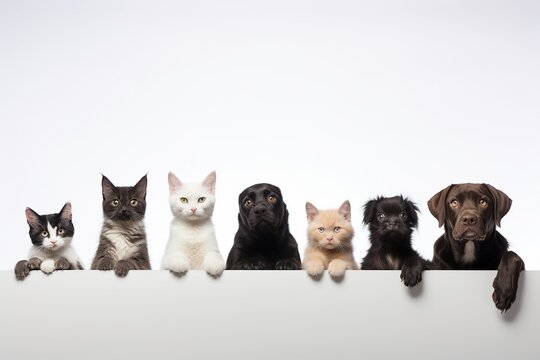 Row of cats and dogs hanging their paws over a white banner. Image sized to fit a popular social media timeline photo placeholder : Generative AI