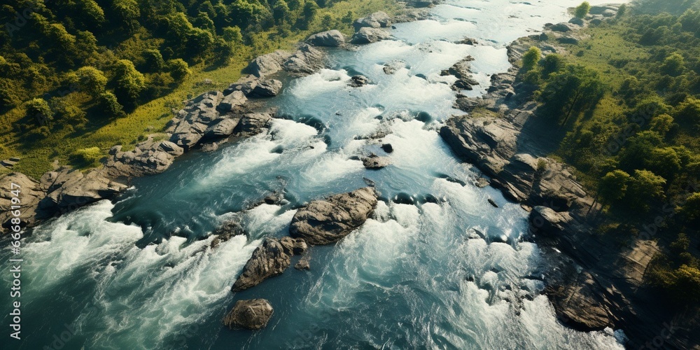 Poster aerial vertical view over the surface of a mountain river : generative ai