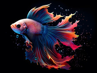 Fototapeta premium Capture the moving moment of rainbow siamese fighting fish on black background. colorful Betta fish.