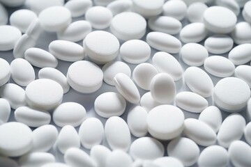 Background of white pills, close-up. Production of medications. Generative AI