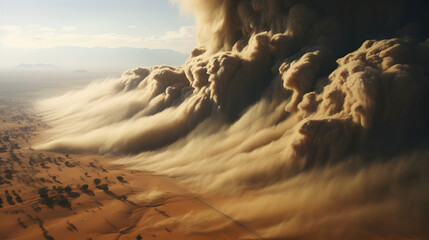 A large storm formed, light brown desert dunes and turbulent sandstorm clouds forming at the horizon,extreme weather events.  - obrazy, fototapety, plakaty