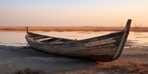 A traditional Marsh Arab canoe known as a Mashoof abandoned on the dry earth of the southern marshes of Iraq during a harsh summer drought caused by climate change and political instab : Generative AI