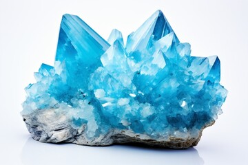 Sky Blue Celestine Crystal Stone macro mineral gemstone. Natural Azure rough Celestite crystals cluster isolated on white background : Generative AI - obrazy, fototapety, plakaty