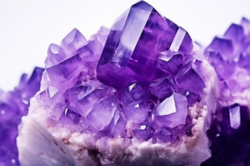 Fototapeta premium Violet Crystal Stone macro mineral. Purple rough Amethyst quartz crystals geode on white background, Uruguay : Generative AI
