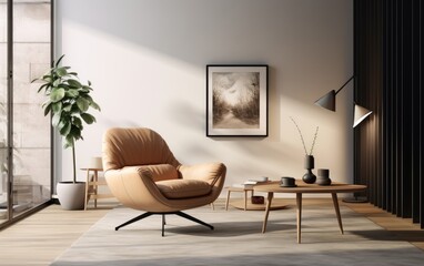 Fototapeta premium Modern living room with a Nordic style leather chair