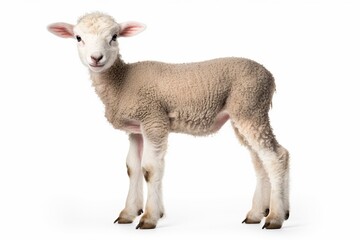Cut out of young sheep lamb isolated on white background looking at camera. Side view full body length. Innocence and sacrifice concept .No people. Copy space : Generative AI