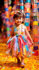 asian little girl on the runway wearing the dress made of recycle plastic bottles.