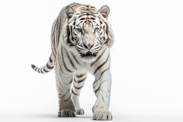 Strong white tiger walking, isolated on white background : Generative AI
