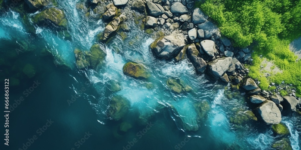 Poster aerial vertical view over the surface of a mountain river : generative ai