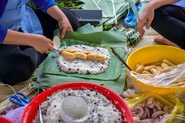 Banh Tet or Vietnamese cylindrical sticky rice cake, Ho Chi Minh city, Vietnam