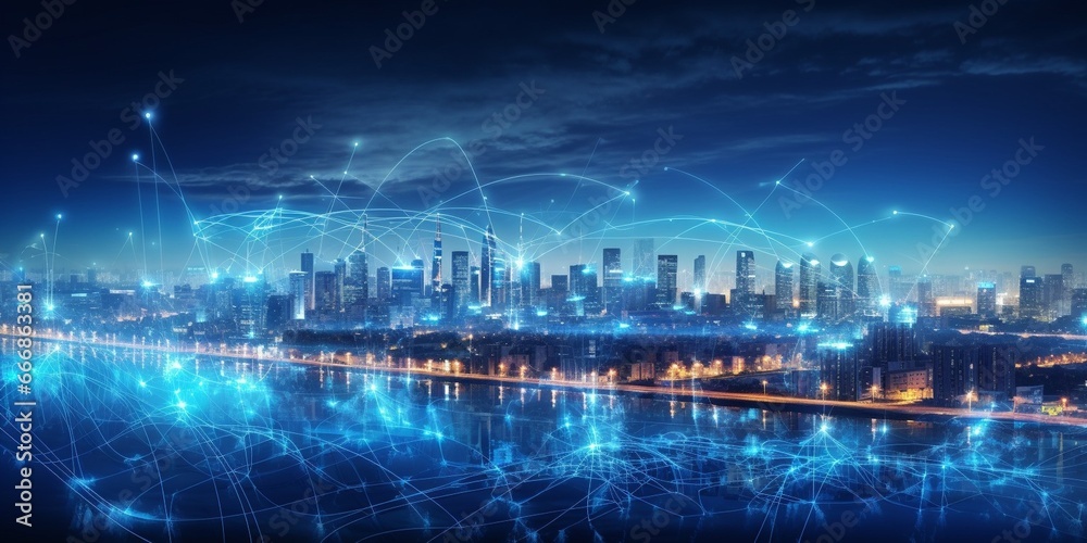 Aufkleber smart city and big data connection technology concept with digital blue wavy wires with antennas on 