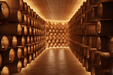 Storage for drinks with rows of beer barrels. Generative AI