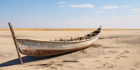 A traditional Marsh Arab canoe known as a Mashoof abandoned on the dry earth of the southern marshes of Iraq during a harsh summer drought caused by climate change and political instab : Generative AI - obrazy, fototapety, plakaty