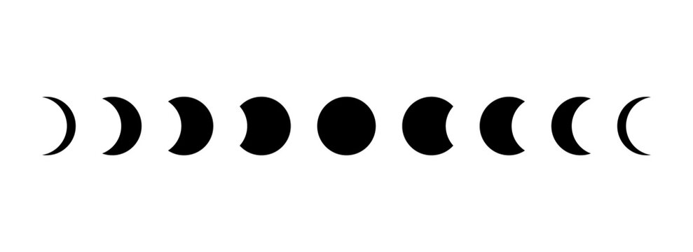 Full moon eclipse concept illustration. Set of moon phases or stages. Total sun eclipse and lunar cycle. Black and white vector elements collection for poster, banner, collage, brochure, cover, tattoo