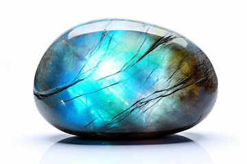 Labradorite crystal gemstone turquoise blue shine polished and isolated on white background :...
