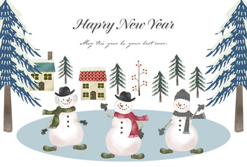 雪だるまの年賀状　北欧の町から新年のご挨拶　三体の雪だるまたちが北の国から手を振って新年をお祝いしているよ