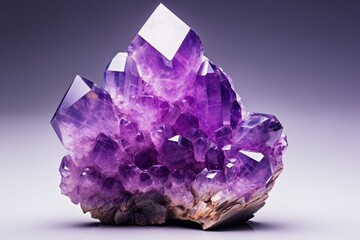 Fototapeta premium Crystal Stone macro mineral, purple rough amethyst quartz crystals on white background : Generative AI