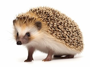 Fototapeta premium Adult male Four toed Hedgehog aka Atelerix albiventris. Sitting side ways, looking curiously up. Isolated on a white background. : Generative AI