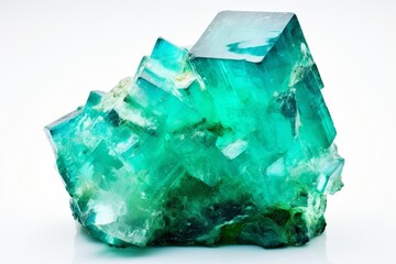 Amazing macro closeup of green blue rare fluorite mineral specimen isolated on white background. Rare double color mineral gem stone (fluorspar) from Rogerley in England. Natural cubic : Generative AI