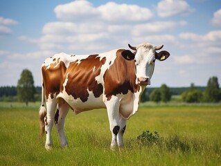 Brown milk cow grazing on green grass at farm grassland. : Generative AI