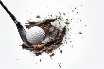 Golf club and ball at the moment of impact on white background, including clipping path :...