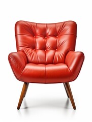 Armchair, red leather vintage armchair on isolated white background, front view of chair : Generative AI
