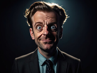 Caricature Man in Suit Big Eyes Raised Eyebrows Thin Wide Smile