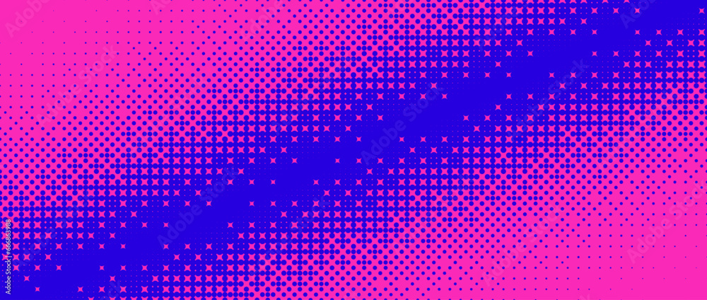 Aufkleber Pixelated corner gradient texture. Blue and pink dither diagonal pattern background. Abstract glitchy pattern. Glitch video game screen wallpaper. Pixel art retro illustration. Vector bitmap backdrop