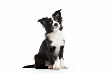 Panting young Black and white Border collie sitting and looking up, One year old, Isolated on white : Generative AI