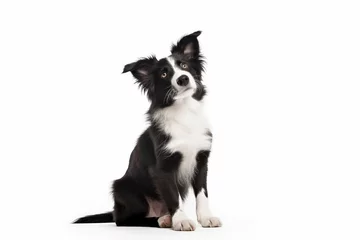 Fotobehang Panting young Black and white Border collie sitting and looking up, One year old, Isolated on white : Generative AI © Generative AI