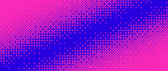 Pixelated corner gradient texture. Blue and pink dither diagonal pattern background. Abstract glitchy pattern. Glitch video game screen wallpaper. Pixel art retro illustration. Vector bitmap backdrop - obrazy, fototapety, plakaty