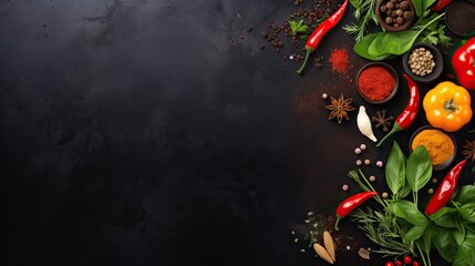 Spices and herbs over black stone background. Top view with free space for menu or recipes. - obrazy, fototapety, plakaty