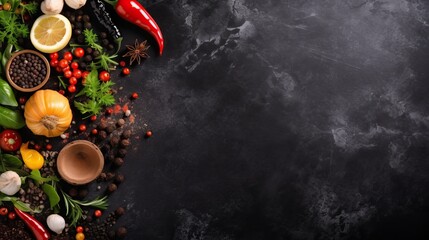 Spices and herbs over black stone background. Top view with free space for menu or recipes.