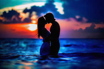 Silhouette of a romantic couple out in the sea kissing as the sun sets over the horizon. Two lovers on a beach sharing a kiss under a beautiful picturesque sunset on their honeymoon in the Caribbean. - obrazy, fototapety, plakaty
