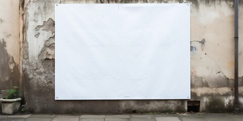 White wrinkled poster template. Glued paper mockup. Blank wheatpaste on textured wall. Empty street art sticker mock up. Clear urban glued advertising canvas. Billboard advertisment ad : Generative AI