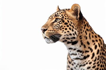Portrait of leopard standing a looking away proudly, Panthera pardus, against white background : Generative AI