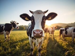 Cows herd on a grass field during the summer at sunset. A cow is looking at the camera sun rays are piercing behind her horns. : Generative AI
