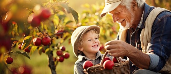 Elderly man and grandson harvesting autumn apples in orchard - obrazy, fototapety, plakaty