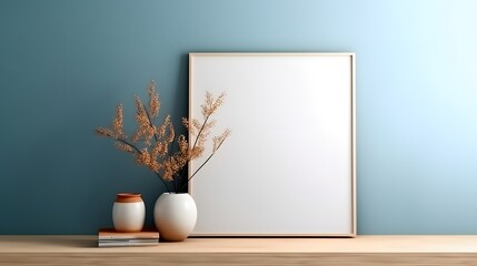 Wood side table, vase with twigs near big empty frame mock up poster with copy space against blue wall. Scandinavian home interior design of modern living room.