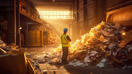 Worker in safety gear sorts recyclables at separation factory. - obrazy, fototapety, plakaty