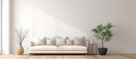 Scandinavian interior design featuring a sofa in a white minimalist room depicted in a illustration