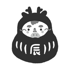 福だるまの着ぐるみを着たかわいいタツと辰の文字 -  2024年/辰年の年賀状素材