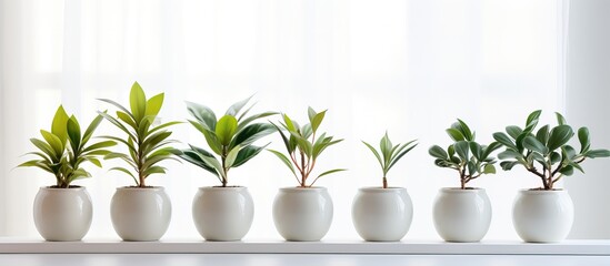 Fototapeta na wymiar Green potted plants on a windowsill in a bright room with white walls and windows