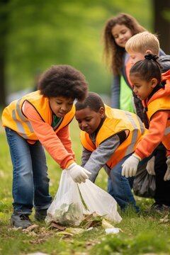 Earth Day. Children picking up trash at the park