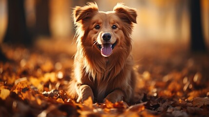 Happy golden retriever dog on natural background at autumn