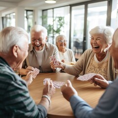 Group of seniors playing cards and sharing laughter in a retirement nursing home - obrazy, fototapety, plakaty